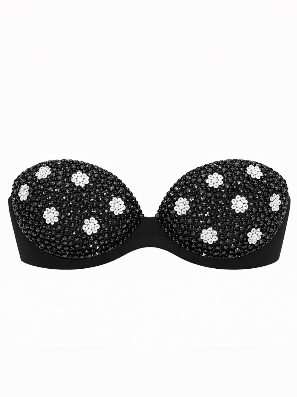 42B Jet Black & White Crystal Daisy Design Rhinestone Glam Bling Bra Top